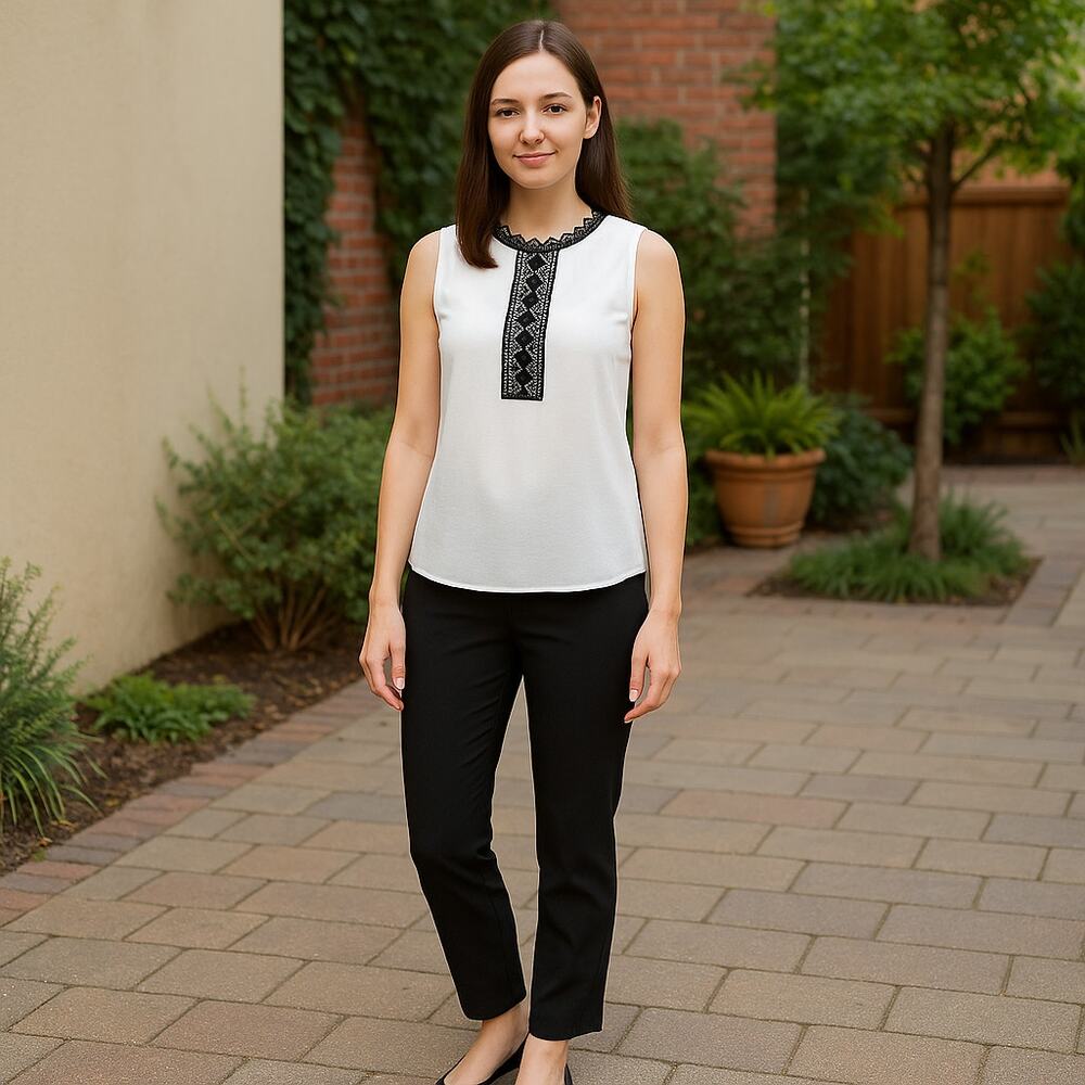 YYIGAL Lace Trim Sleeveless Blouse Black White Keyhole Back Top Size Medium NWT